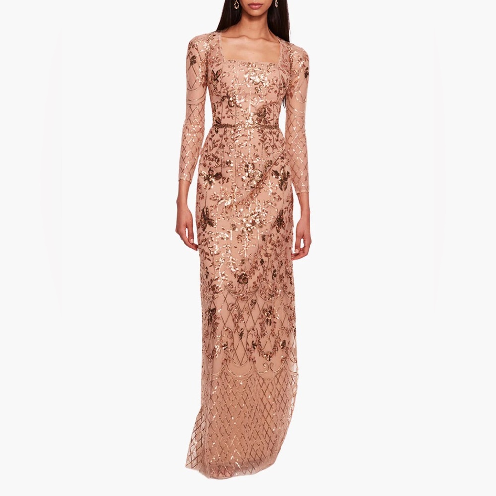 NWT MARCHESA NOTTE SEQUIN LATTICE GOWN Sz 4 Retails $995